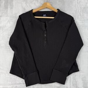 GAP Waffle Knit Henley Shirt Black Long Sleeve Thermal Top Size Small Y2K Cozy